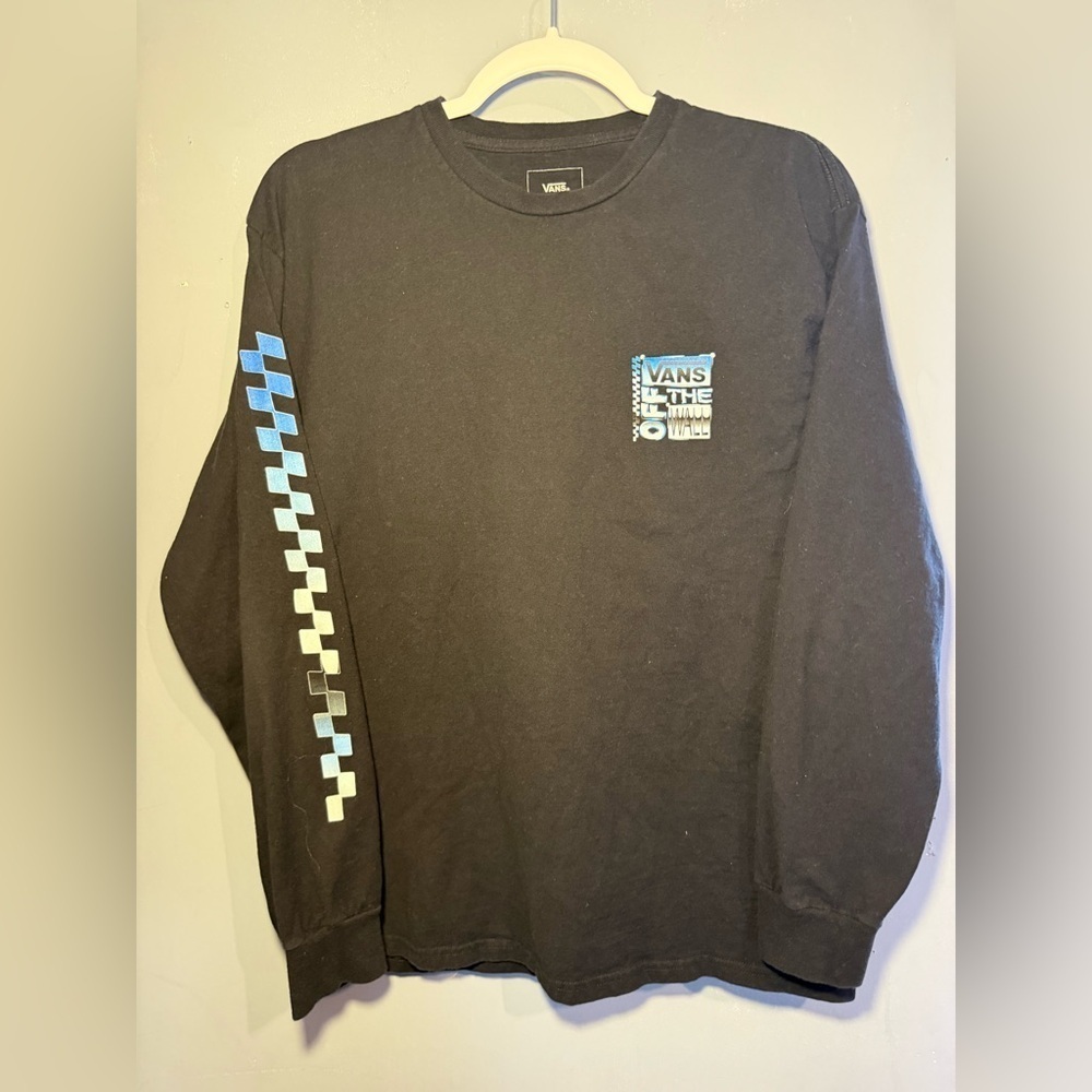 Vans Black and Blue Long Sleeve Tee with Checkerboard Sleeve